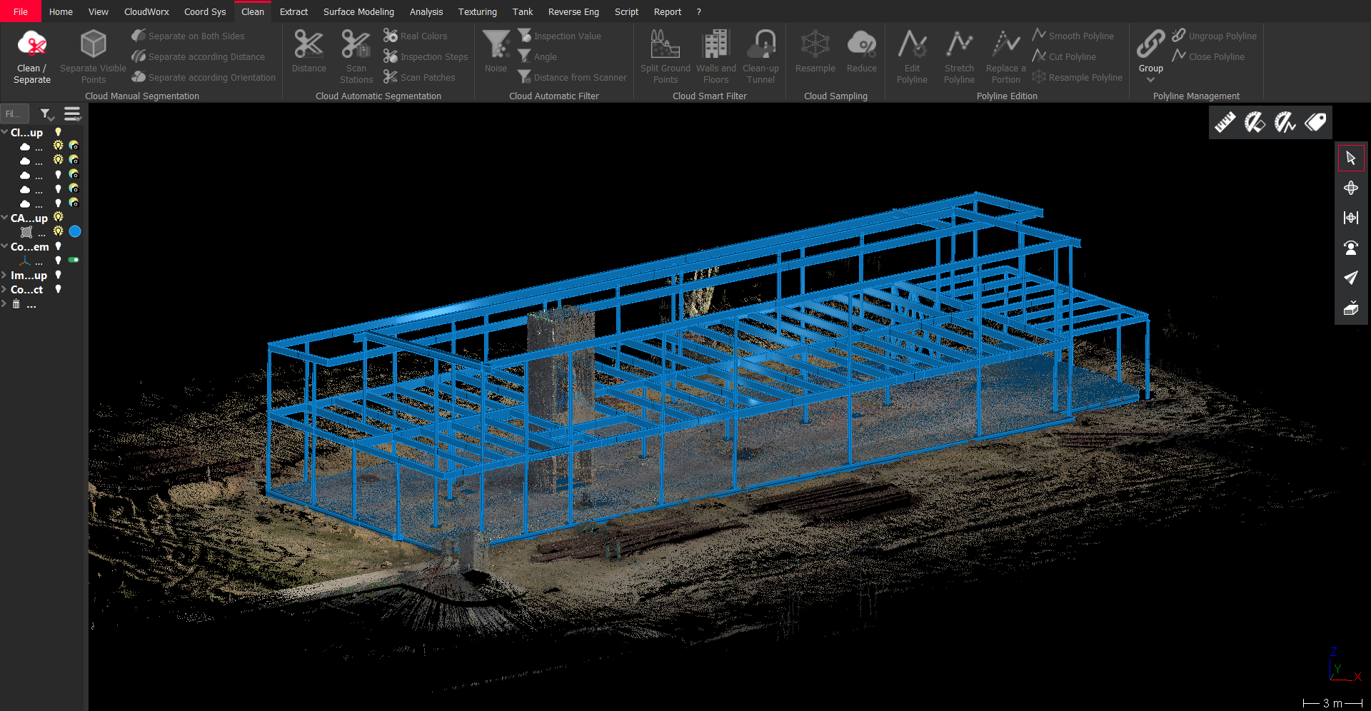 Screenshot of Leica BLK2GO Point Cloud in Cyclone 3DR software with a BIM overlay visualization