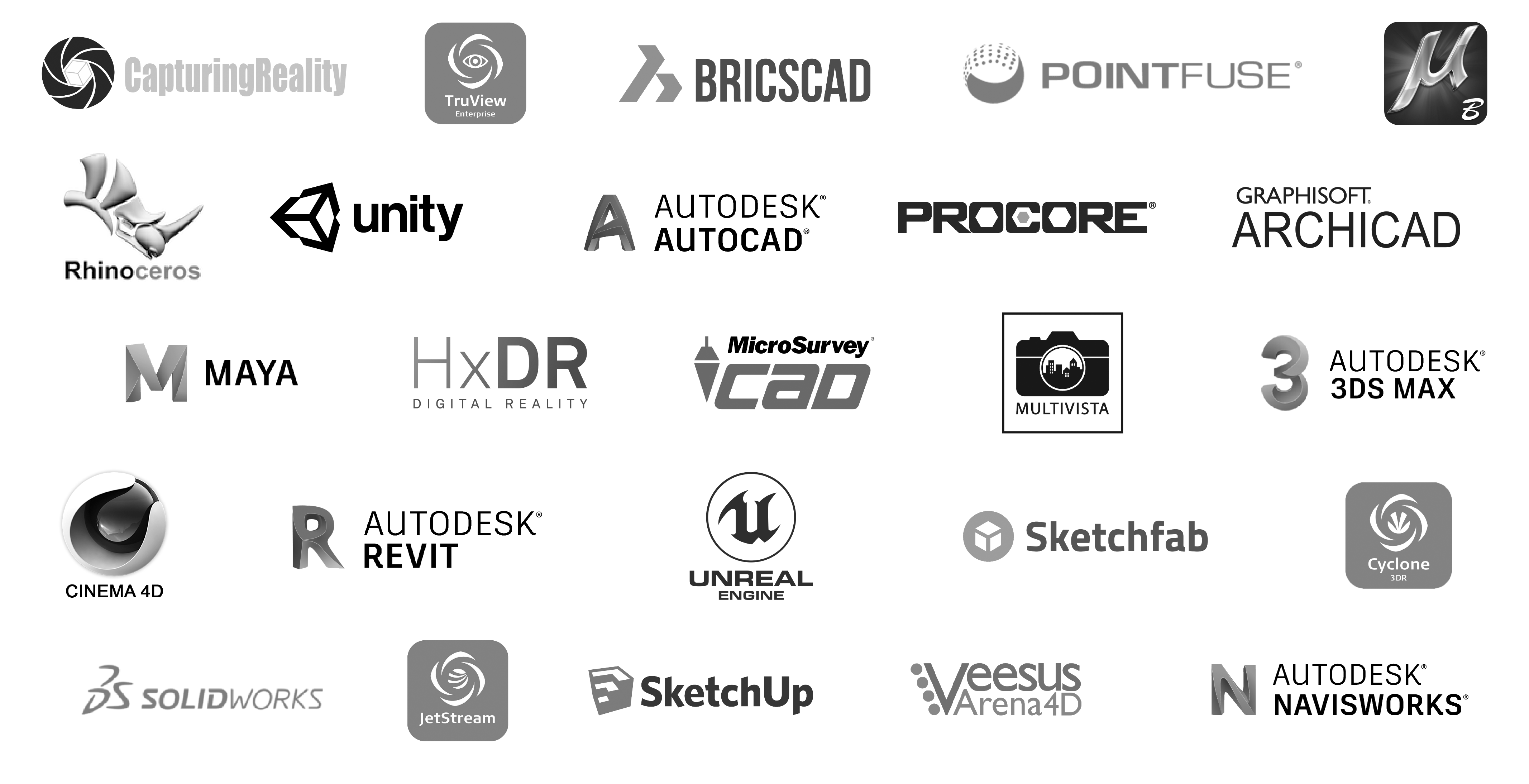 collage of black and white CAD software logos