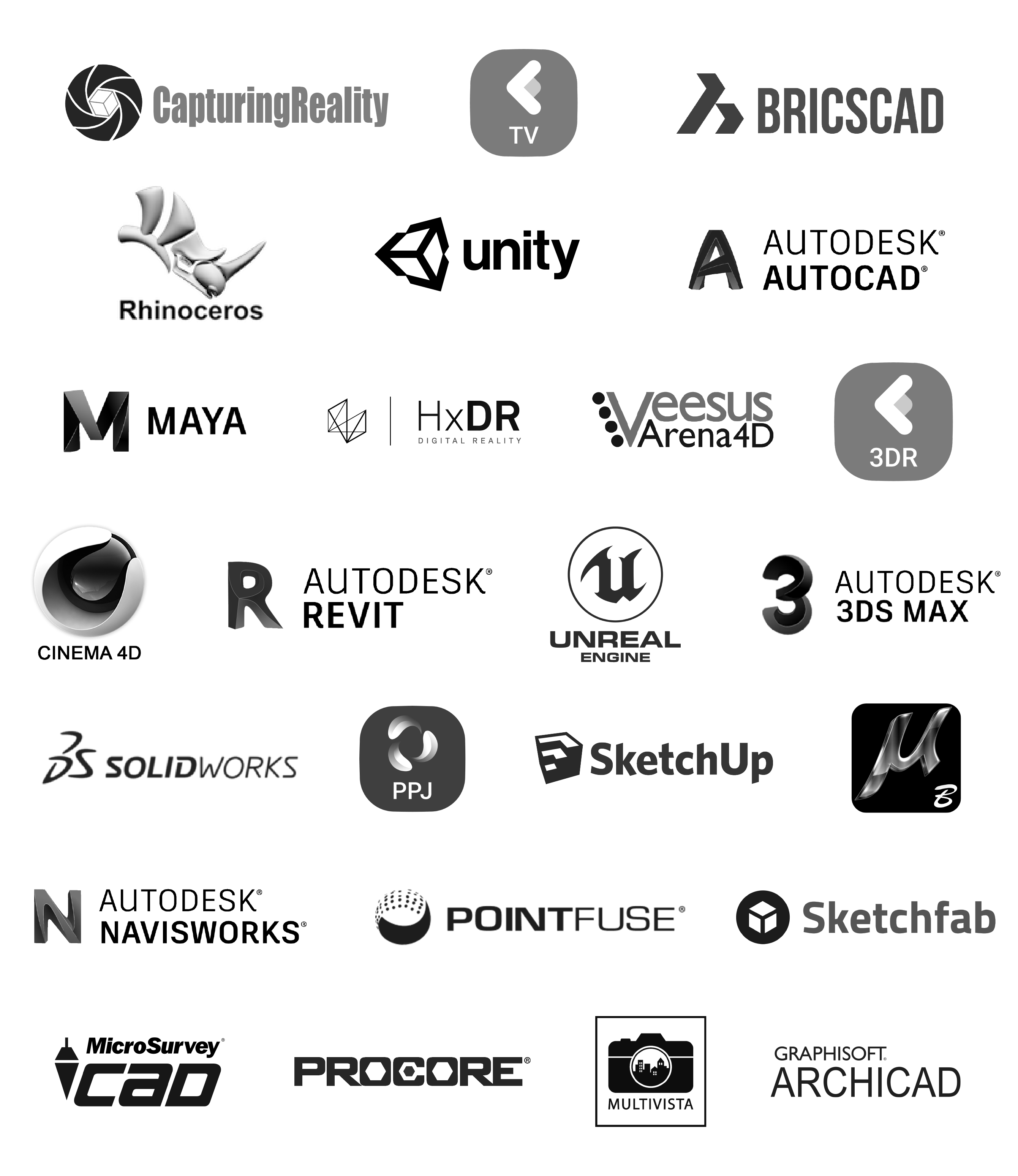 Schwarz-weiße Collage von Software-Logos 
