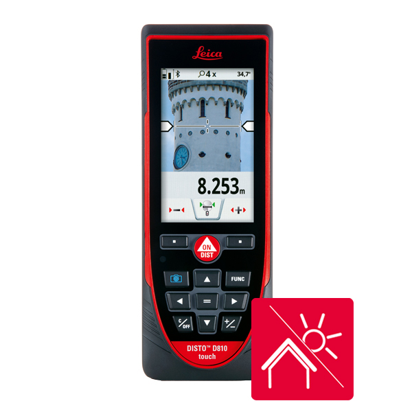 Leica DISTO D810 touch laser measure with icons for indoor and outdoor measurements