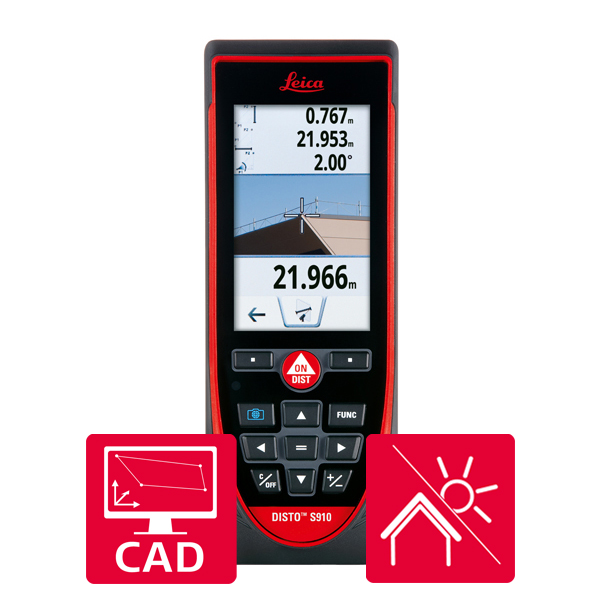 Leica DISTO S910 laser measure with icons for indoor and outdoor measurements and for CAD data capturing