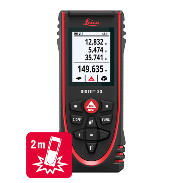 Leica DISTO X3 laser measure with icons for 2 m drop test