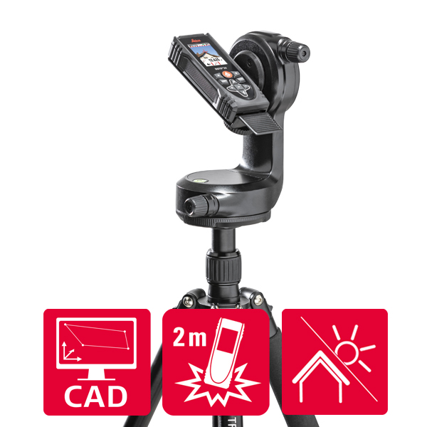 Leica DISTO X4 laser measure on DST 360 tripod adapter with icons for indoor and outdoor measurements, for 2 m drop test and for CAD data capturing