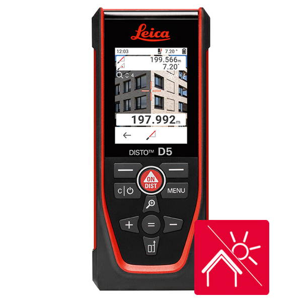 Leica DISTO D5 laser measure with icons for indoor and outdoor measurements
