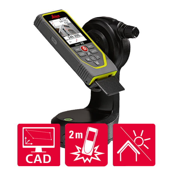 Leica DISTO X6 laser measure on DST 360-X tripod adapter with icons for indoor and outdoor measurements, for 2 m drop test and for CAD data capturing