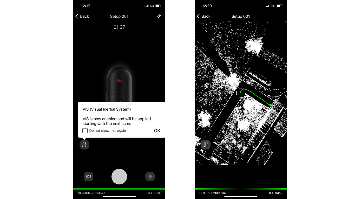 Vista 2D del escaneado de la app BLK Live y conexión de VIS
