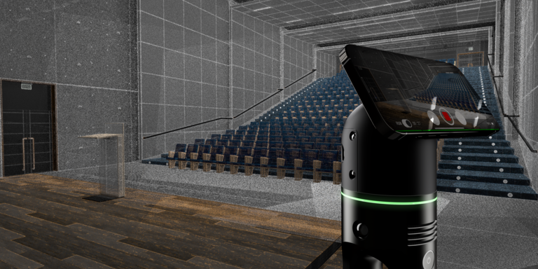 Leica BLK2GO PULSE in auditorium with point cloud effect overlaying environment