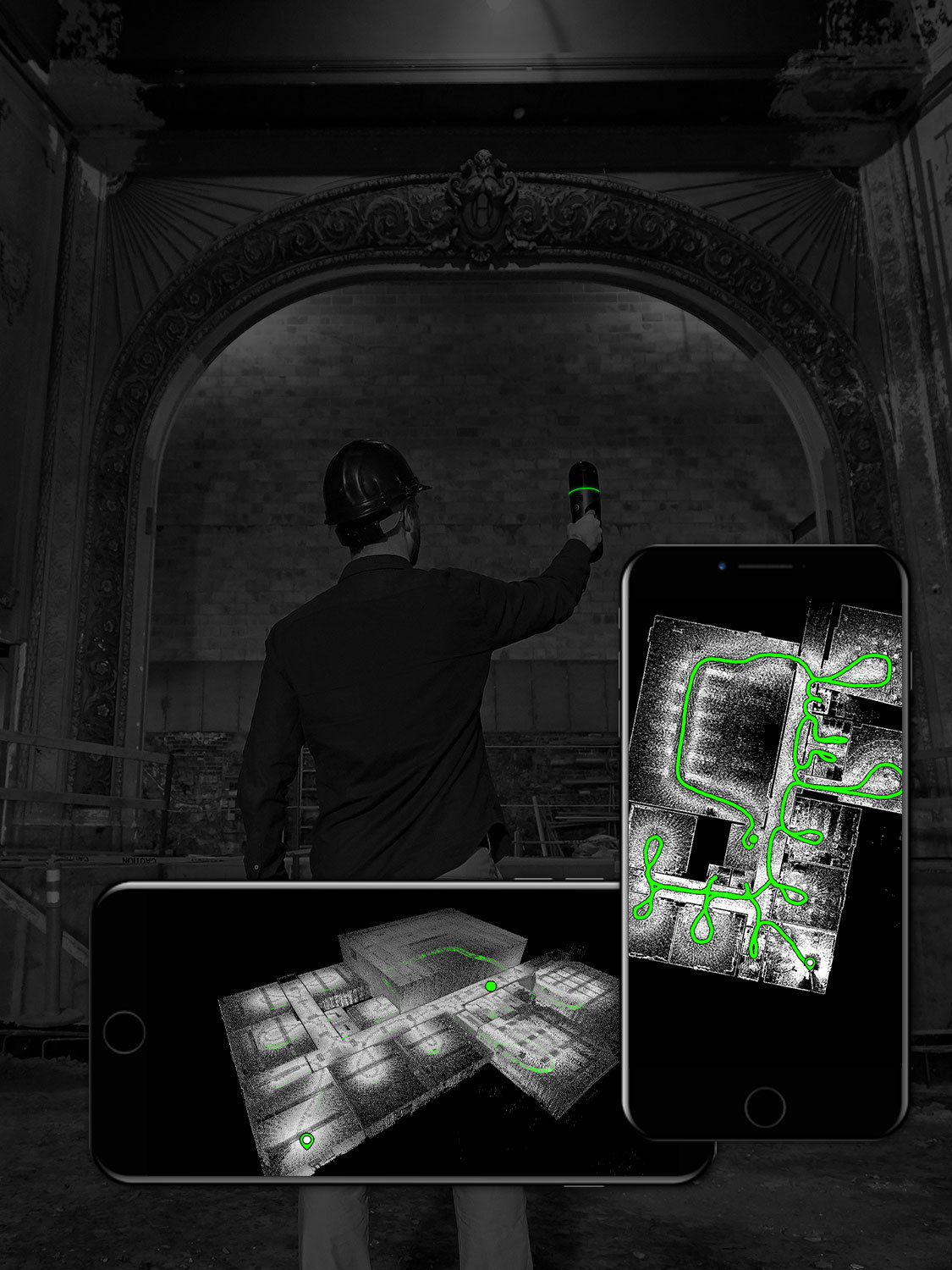 Ein Mann, der mit dem BLK2GO einen Raum scannt. Das iPhone zeigt Daten in der BLK2GO Live App.