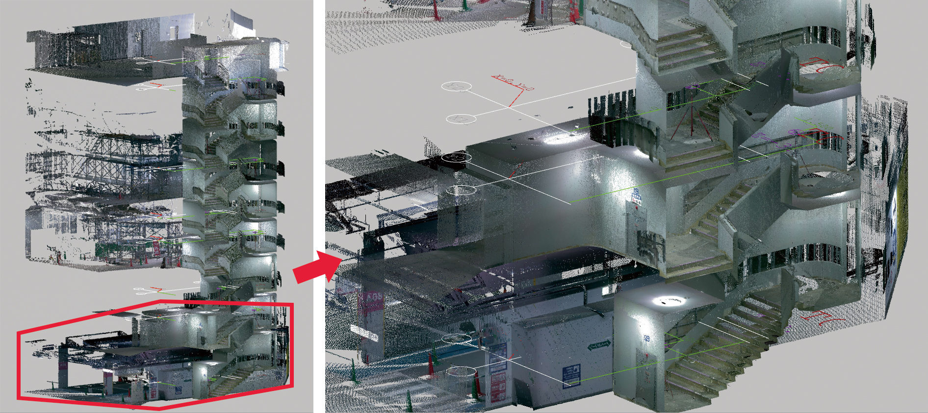 点群データとパノラマ画像を合成して、8階層あるらせん階段の全体形状を再現した。点群データの管理ソフトウェア 「Leica TruView」で表示