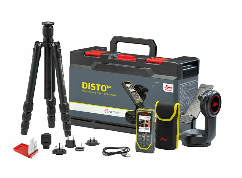 Pacchetto Leica DISTO X6 P2P nella scatola: Misura laser Leica DISTO X6, cinturino da polso, custodia, caricabatterie con quattro spine diverse e cavo USB, certificato di calibrazione Silver, guida rapida, adattatore Leica DST 360-X, treppiede Leica TRI 120, piastre segnale Leica GZM 3, metaBOX