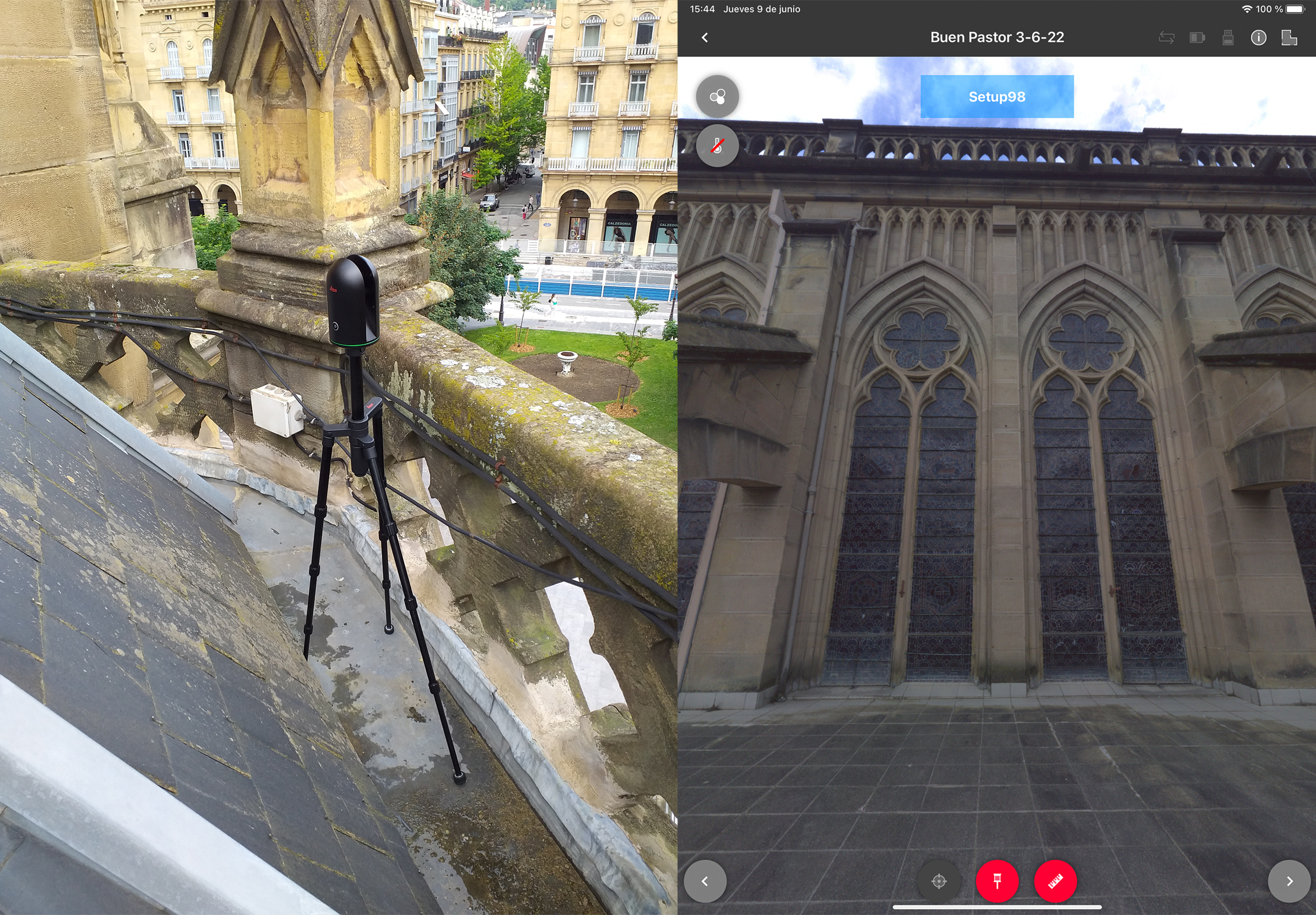 BLK360 em uso para escanear o edifício e visualização da aplicação no edifício 