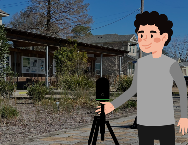 Cartoon man scanning an outdoor space with a BLK360