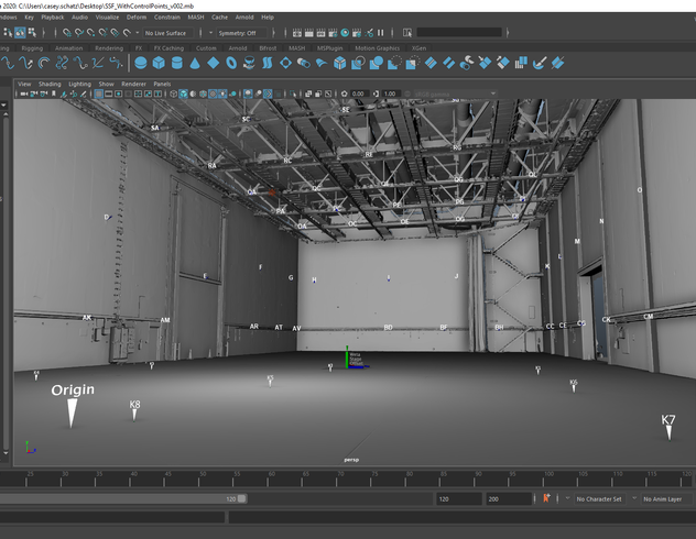 3D scan of a movie set space within Maya software